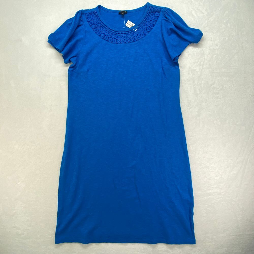 New Talbots Blue Cotton T-Shirt Dress with Crochet‎ Neckline Detail Large